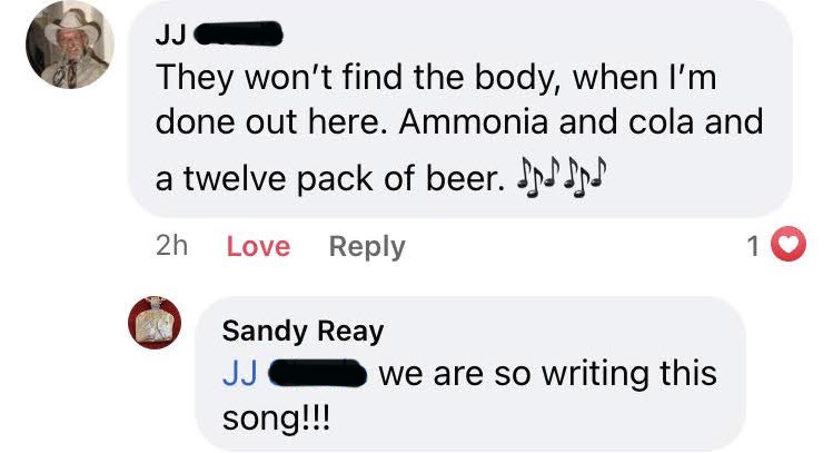 JJ's response to my post: They won't find the body, when I'm done out here. Ammonia and cola and a twleve pack of beer. music notes emojis. Sandy's response: We are so writing this song!!!